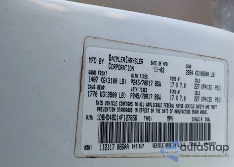 2004 Dodge Durango Slt z USA, uszkodzony, nr VIN 1D8HD48D14F127656